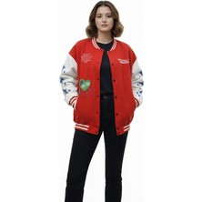 Melen Moda Kırmızı Varsity Çıtçıtlı Baskılı Oversize Kalıp Kolej Ceket - Kırmızı