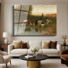 GülsenArt Anton Mauve Nehir Kenarı Sürü Hayvan Resmi Temperli Cam Tablo Duvar Tablosu Dekoratif Tablo