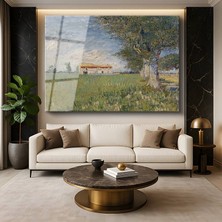GülsenArt Vincent Van Gogh Buğday Tarlası Çiftlik Evi Kırsal Manzara Temperli Cam Tablo Duvar Tablosu Dekoratif Tablo