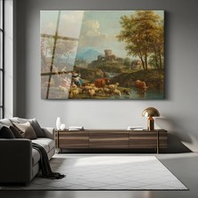 GülsenArt Nicolas Poussin Pastoral Kırsal Peyzaj Manzarası Temperli Cam Tablo Duvar Tablosu Dekoratif Tablo
