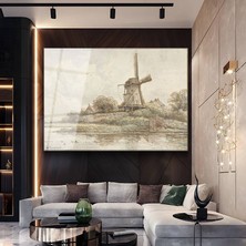GülsenArt Jan Van Goyen Değirmen Kırsal Manzarası Temperli Cam Tablo Duvar Tablosu Dekoratif Tablo