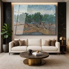 GülsenArt Vincent Van Gogh Zeytin Ağaçları Akdeniz Manzarası Temperli Cam Tablo Duvar Tablosu Dekoratif Tablo