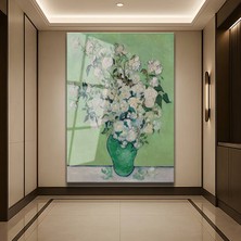 GülsenArt Vincent Van Gogh Vazo Beyaz Güller Temperli Cam Tablo Duvar Tablosu Dekoratif Tablo