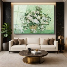 GülsenArt Vincent Van Gogh Vazoda Beyaz Güller Çiçek Natürmortu Temperli Cam Tablo Duvar Tablosu Dekoratif Tablo