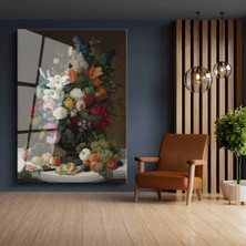 GülsenArt Jan Van Huysum Çiçek Meyve Aranjman Sanatı Temperli Cam Tablo Duvar Tablosu Dekoratif Tablo