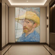 GülsenArt Vincent Van Gogh Hasır Şapkalı Otoportre Temperli Cam Tablo Duvar Tablosu Dekoratif Tablo