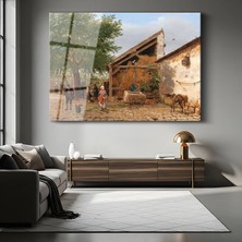 GülsenArt Ludwig Munthe Köy Çeşmesi Kırsal Resmi Temperli Cam Tablo Duvar Tablosu Dekoratif Tablo