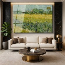 GülsenArt Vincent Van Gogh Arles Yakını Süsenli Tarla Çiçek Tarlası Temperli Cam Tablo Duvar Tablosu Dekoratif Tablo