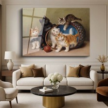 GülsenArt Henriette Ronner-Knip Sepetteki Yavru Kediler Hayvan Resmi Temperli Cam Tablo Duvar Tablosu Dekoratif Tablo