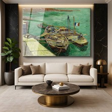 GülsenArt Vincent Van Gogh Rhône Nehri Tekneler Su Resmi Temperli Cam Tablo Duvar Tablosu Dekoratif Tablo