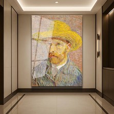 GülsenArt Vincent Van Gogh Sarı Hasır Şapkalı Otoportre Temperli Cam Tablo Duvar Tablosu Dekoratif Tablo