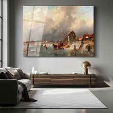 GülsenArt Charles Leickert Kış Mevsimi Kar Manzarası Temperli Cam Tablo Duvar Tablosu Dekoratif Tablo