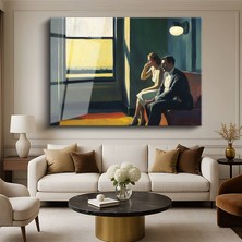 GülsenArt Edward Hopper Pencere Kenarı Çift Romantik Resmi Temperli Cam Tablo Duvar Tablosu Dekoratif Tablo