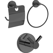 Ahlez Dolce Siyah Kapaklı Kağıtlık, Yuvarlak Havluluk, Ikili Askılık 3'lü Banyo Seti