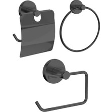 Ahlez Dolce Siyah Kapaklı Kağıtlık, Yuvarlak Havluluk, Açık Kağıtlık Banyo Seti