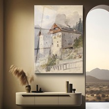 GülsenArt Rudolf Von Alt Alp Dağları Kale Manzarası Temperli Cam Tablo Duvar Tablosu Dekoratif Tablo