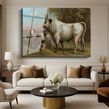 GülsenArt Paul L. Dreux Beyaz Boğalar Çiftlik Hayvanları Temperli Cam Tablo Duvar Tablosu Dekoratif Tablo