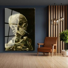 GülsenArt Vincent Van Gogh Sigara Içen Kafatası Sanat Temperli Cam Tablo Duvar Tablosu Dekoratif Tablo