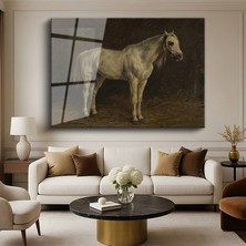 GülsenArt Rosa Bonheur Beyaz At Hayvan Resmi Temperli Cam Tablo Duvar Tablosu Dekoratif Tablo