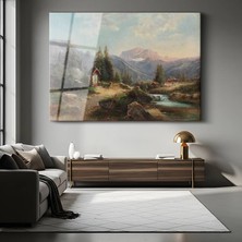 GülsenArt Heinrich Bürkel Alp Dağları Doğa Manzarası Temperli Cam Tablo Duvar Tablosu Dekoratif Tablo