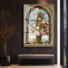GülsenArt Ambrosius Bosschaert Kemerli Pencere Çiçekleri Temperli Cam Tablo Duvar Tablosu Dekoratif Tablo
