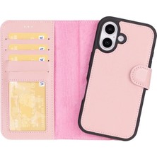Sinerjim Apple iPhone 16 Plus uyumlu, Hakiki Deri, El Yapımı, Cüzdanlı Kılıf, Toz Pembe