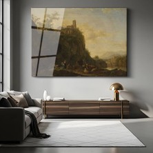 GülsenArt Claude Lorrain Kayalıklarda Çoban Doğa Resmi Temperli Cam Tablo Duvar Tablosu Dekoratif Tablo