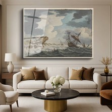 GülsenArt Willem Van De Velde Fırtınada Gemiler Deniz Resmi Temperli Cam Tablo Duvar Tablosu Dekoratif Tablo