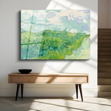 GülsenArt Vincent Van Gogh Yeşil Buğday Tarlası Kırsal Manzara Temperli Cam Tablo Duvar Tablosu Dekoratif Tablo