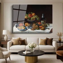 GülsenArt Johann Wilhelm Preyer Şarap Meyve Ziyafeti Natürmort Resmi Temperli Cam Tablo Duvar Tablosu Dekoratif Tablo