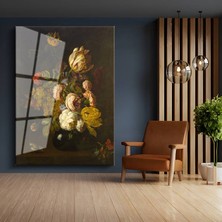 GülsenArt Rachel Ruysch Zarif Çiçek Buketi Sanatı Temperli Cam Tablo Duvar Tablosu Dekoratif Tablo