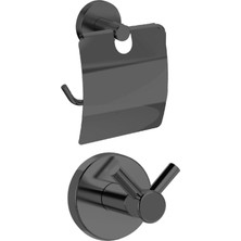 Ahlez Dolce Siyah Kapaklı Kağıtlık ve Ikili Bornoz Askılık 2'li Banyo Seti