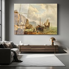 GülsenArt Andreas Achenbach Kayalık Sahil Tekneler Deniz Resmi Temperli Cam Tablo Duvar Tablosu Dekoratif Tablo