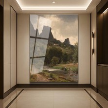 GülsenArt Albert Bierstadt Kayalık Vadisi Dağ Manzarası Temperli Cam Tablo Duvar Tablosu Dekoratif Tablo