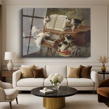 GülsenArt Carl Reichert Piyano Başı Kediler Hayvan Resmi Temperli Cam Tablo Duvar Tablosu Dekoratif Tablo