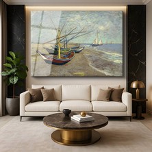 GülsenArt Vincent Van Gogh Saintes-Maries Plaj Balıkçı Tekneleri Deniz Resmi Temperli Cam Tablo Duvar Tablosu Dekoratif Tablo