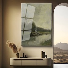 GülsenArt M. Weiss Nehirdeki Tekne Su Manzarası Temperli Cam Tablo Duvar Tablosu Dekoratif Tablo