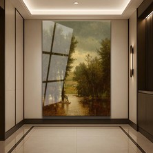 GülsenArt George Inness Nehir Kayıkçısı Su Manzarası Temperli Cam Tablo Duvar Tablosu Dekoratif Tablo