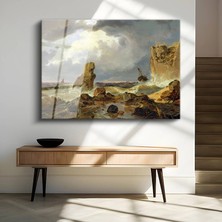 GülsenArt Andreas Achenbach Fırtınalı Deniz Dalga Manzarası Temperli Cam Tablo Duvar Tablosu Dekoratif Tablo