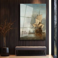 GülsenArt Willem Van De Velde Denizde Yelkenli Gemiler Temperli Cam Tablo Duvar Tablosu Dekoratif Tablo