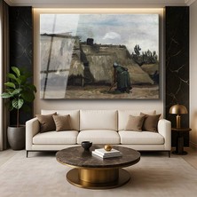 GülsenArt Vincent Van Gogh Saman Çatılı Kulübe Kırsal Mimari Resmi Temperli Cam Tablo Duvar Tablosu Dekoratif Tablo