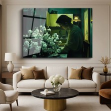 GülsenArt Olga Suvorova Çiçeklerle Kadın Kadın Portresi Temperli Cam Tablo Duvar Tablosu Dekoratif Tablo