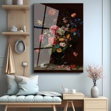 GülsenArt Jan Davidsz De Heem Çiçek Buketi Natürmort Temperli Cam Tablo Duvar Tablosu Dekoratif Tablo