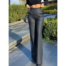 Melen Moda Kadın Yüksek Bel Cepli Şardonlu Geniş Paçalı Mat Deri Pantolon