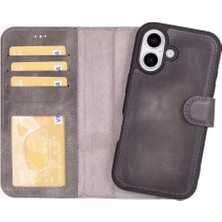 Sinerjim Apple iPhone 16 Plus uyumlu, Hakiki Deri, El Yapımı, Cüzdanlı Kılıf, Gölgeli Gri