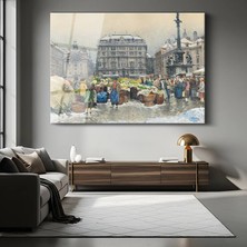 GülsenArt Franz Richard Unterberger Kış Mevsimi Pazar Yeri Temperli Cam Tablo Duvar Tablosu Dekoratif Tablo