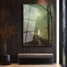 GülsenArt John Atkinson Grimshaw Göl Kenarı Ay Işığı Temperli Cam Tablo Duvar Tablosu Dekoratif Tablo