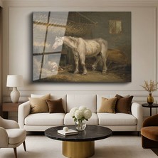 GülsenArt Rosa Bonheur Ahırdaki Beyaz At Hayvan Resmi Temperli Cam Tablo Duvar Tablosu Dekoratif Tablo