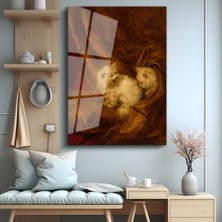GülsenArt Carl Kahler Kahverengi Kumaş Kediler Temperli Cam Tablo Duvar Tablosu Dekoratif Tablo