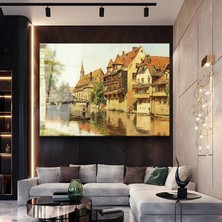 GülsenArt Carl Spitzweg Nehir Kenarı Tarihi Evler Temperli Cam Tablo Duvar Tablosu Dekoratif Tablo